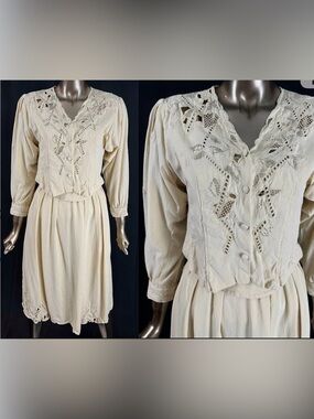 Vintage 70’s Emmanuelle Khanh 3-Piece Beaded Cutwork Raw Silk Set